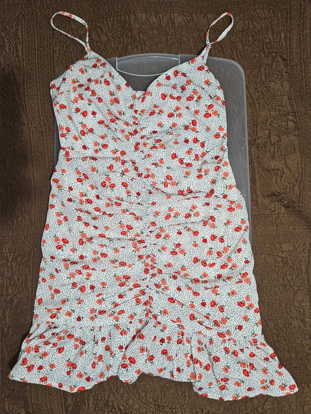 Urban Outfitters White Spaghetti-Strap Dress with Red Floral Print, M